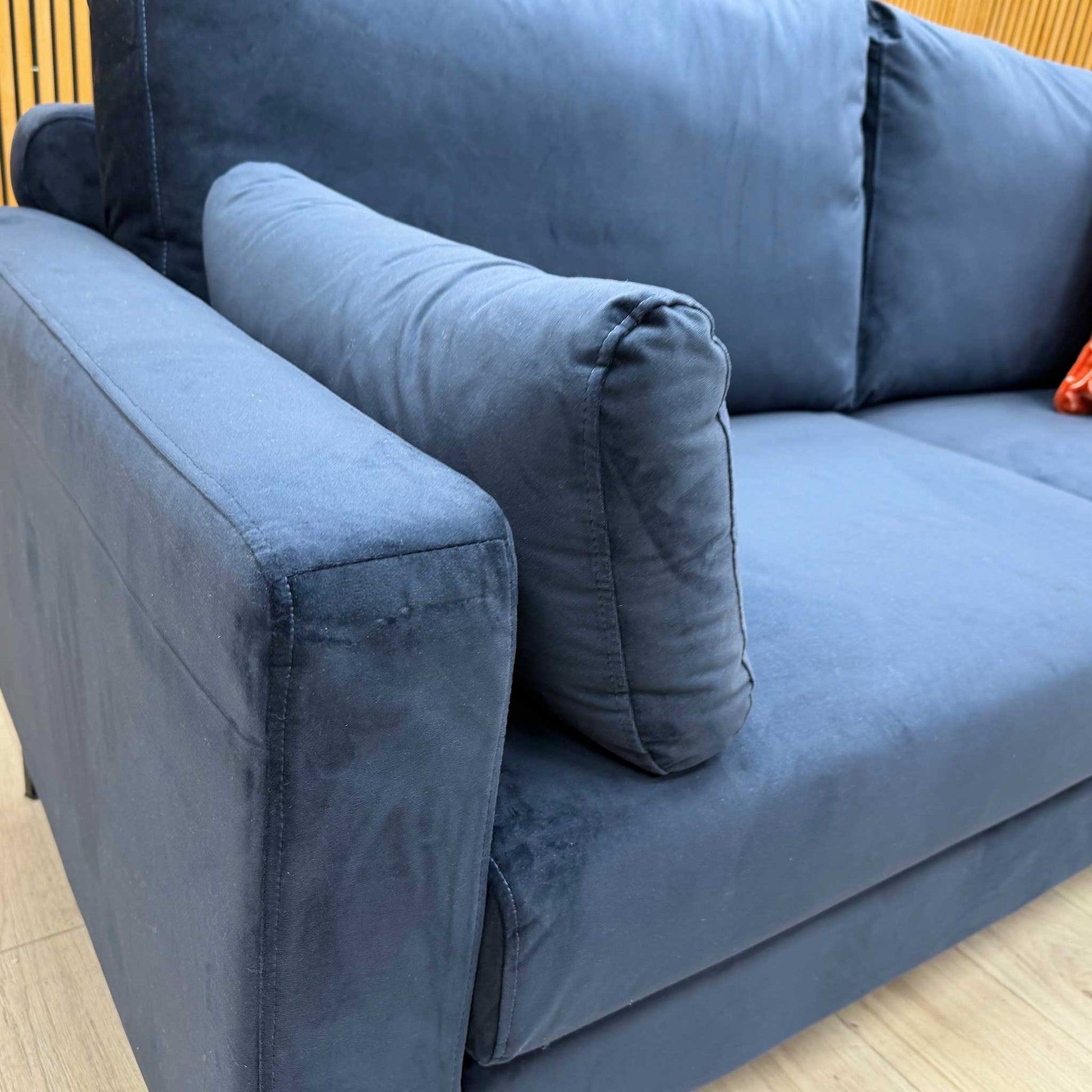 Close-up of the Navy Blue Velvet fabric, showing the rich texture and premium finish of the upholstery.