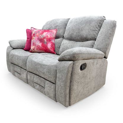 View of the Weston mocha recliner sofa, highlighting the durable weave fabric and sleek, modern silhouette.