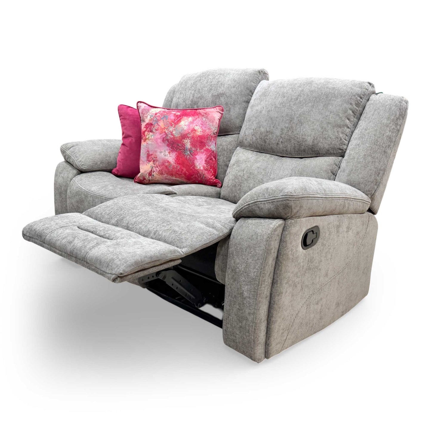 View of the sofa with one seat fully reclined, illustrating the range of motion and comfort provided by the manual mechanism.