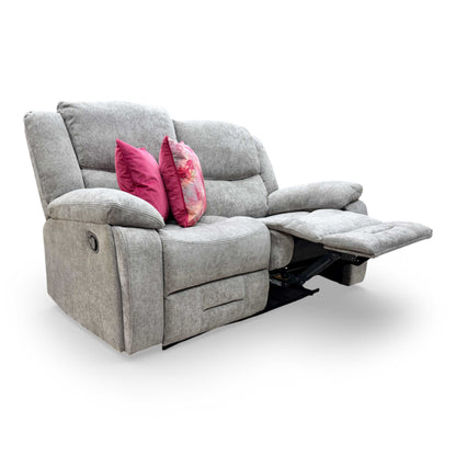 Full view of the ‘Weston’ 2-seater manual recliner sofa upholstered in mocha tight weave fabric, featuring a contemporary design with deep cushioning and independent reclining seats.