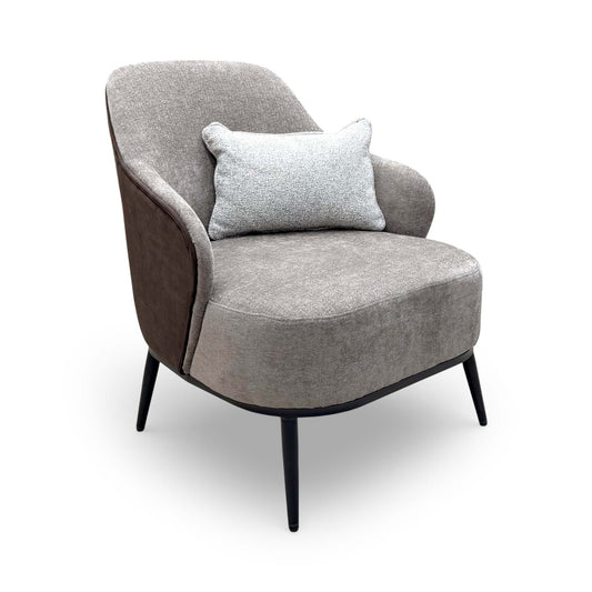 Front view of the ‘Velar’ accent chair in Brown Combination Fabric, showcasing its mid-century modern design and round back style.