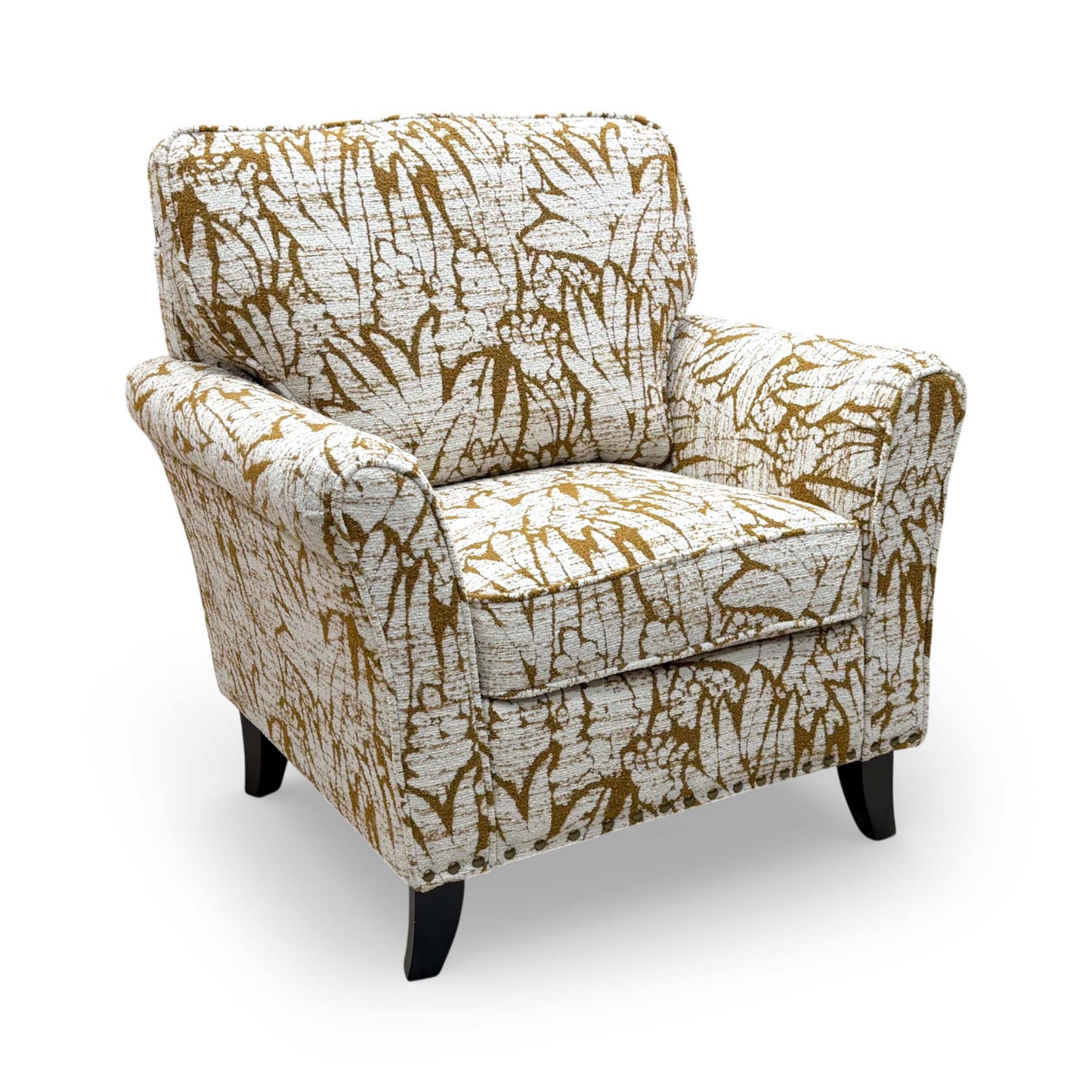 Front view of the ‘Pippa’ armchair in Mustard Floral Patterned Fabric, featuring elegant scroll arms and a contemporary design.