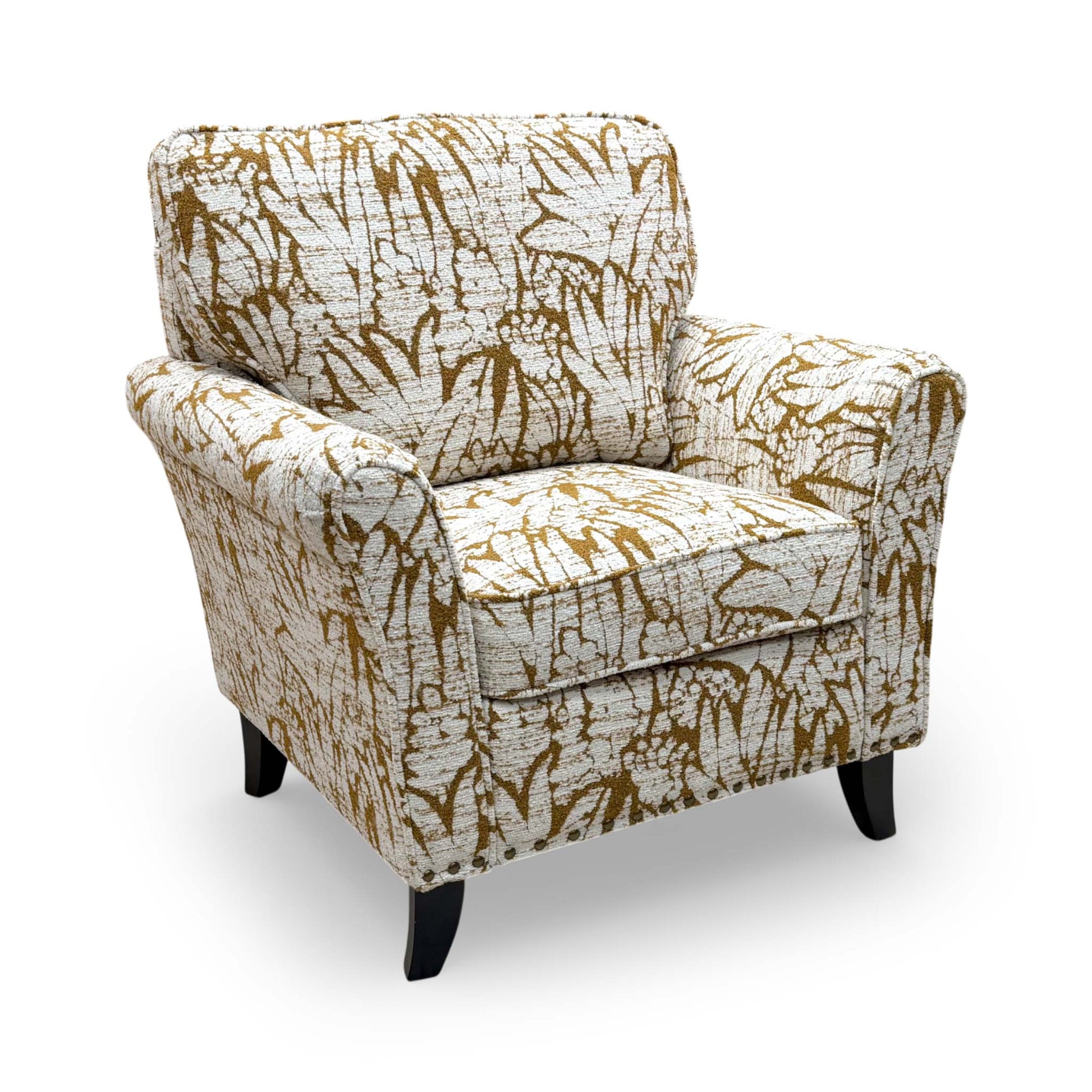 Front view of the ‘Pippa’ armchair in Mustard Floral Patterned Fabric, featuring elegant scroll arms and a contemporary design.