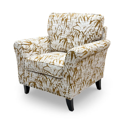Angled view of the ‘Pippa’ armchair, emphasizing its stylish presence as a statement piece for a living room.
