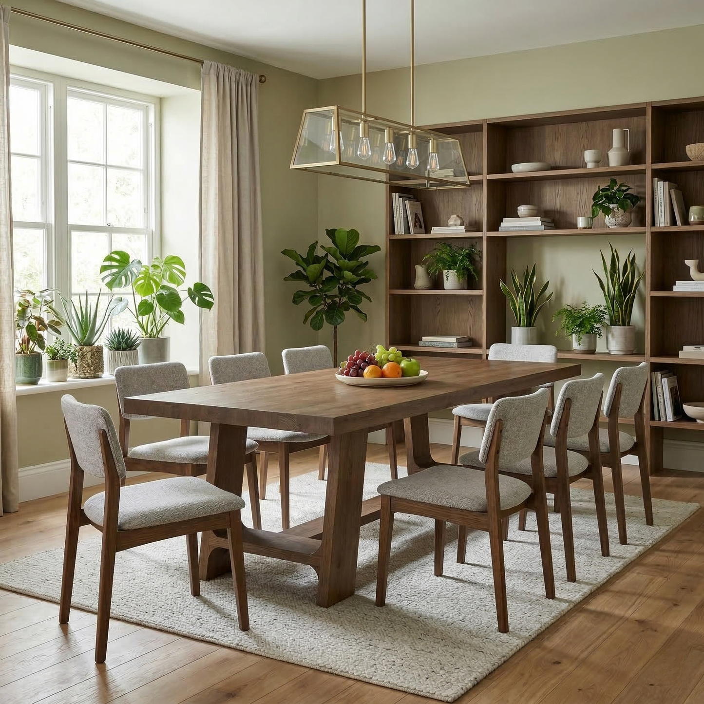 Living room view of the large 230cm oak dining table showing the thick solid wood construction and robust leg design.