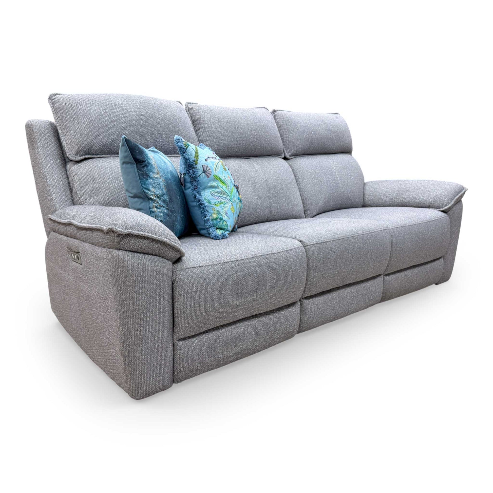 View of the Blaine sofa fully extended, highlighting the independent reclining functionality of the three-seater sections.