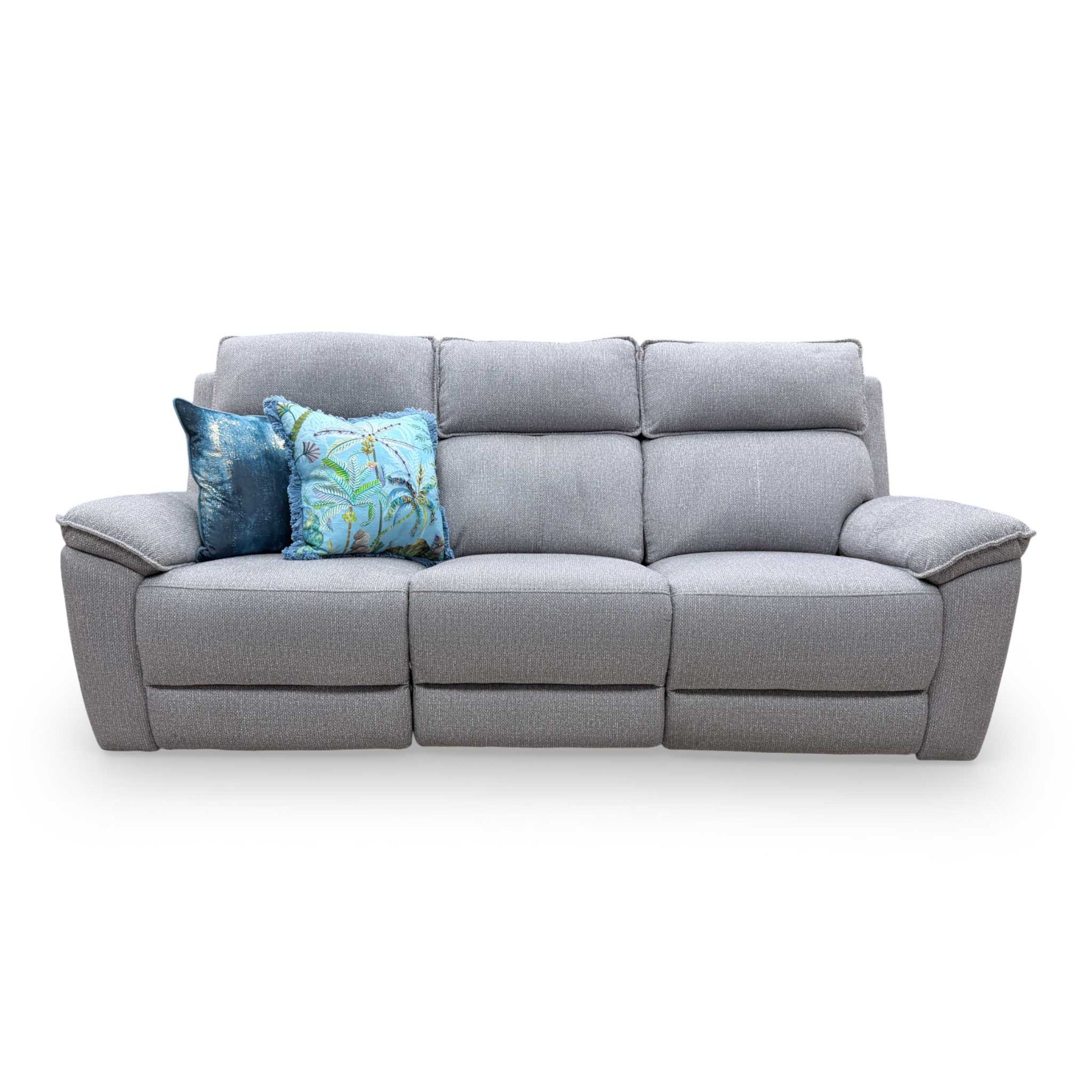 Front view of the 'Blaine' 3-seater power recliner sofa in greige thick woven fabric, featuring a contemporary high-back design.