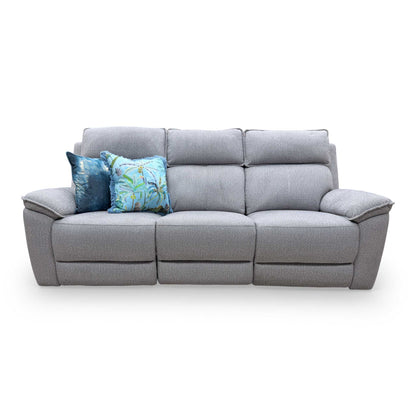 Front view of the 'Blaine' 3-seater power recliner sofa in greige thick woven fabric, featuring a contemporary high-back design.