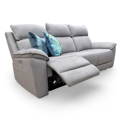 Full view of the 'Blaine' 3-seater power recliner sofa in greige thick woven fabric, featuring a contemporary high-back design.