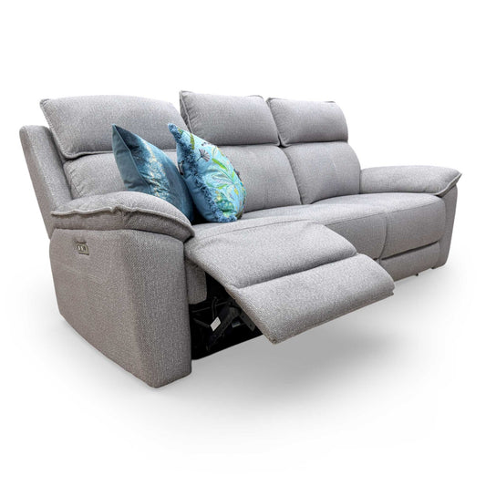 Full view of the 'Blaine' 3-seater power recliner sofa in greige thick woven fabric, featuring a contemporary high-back design.