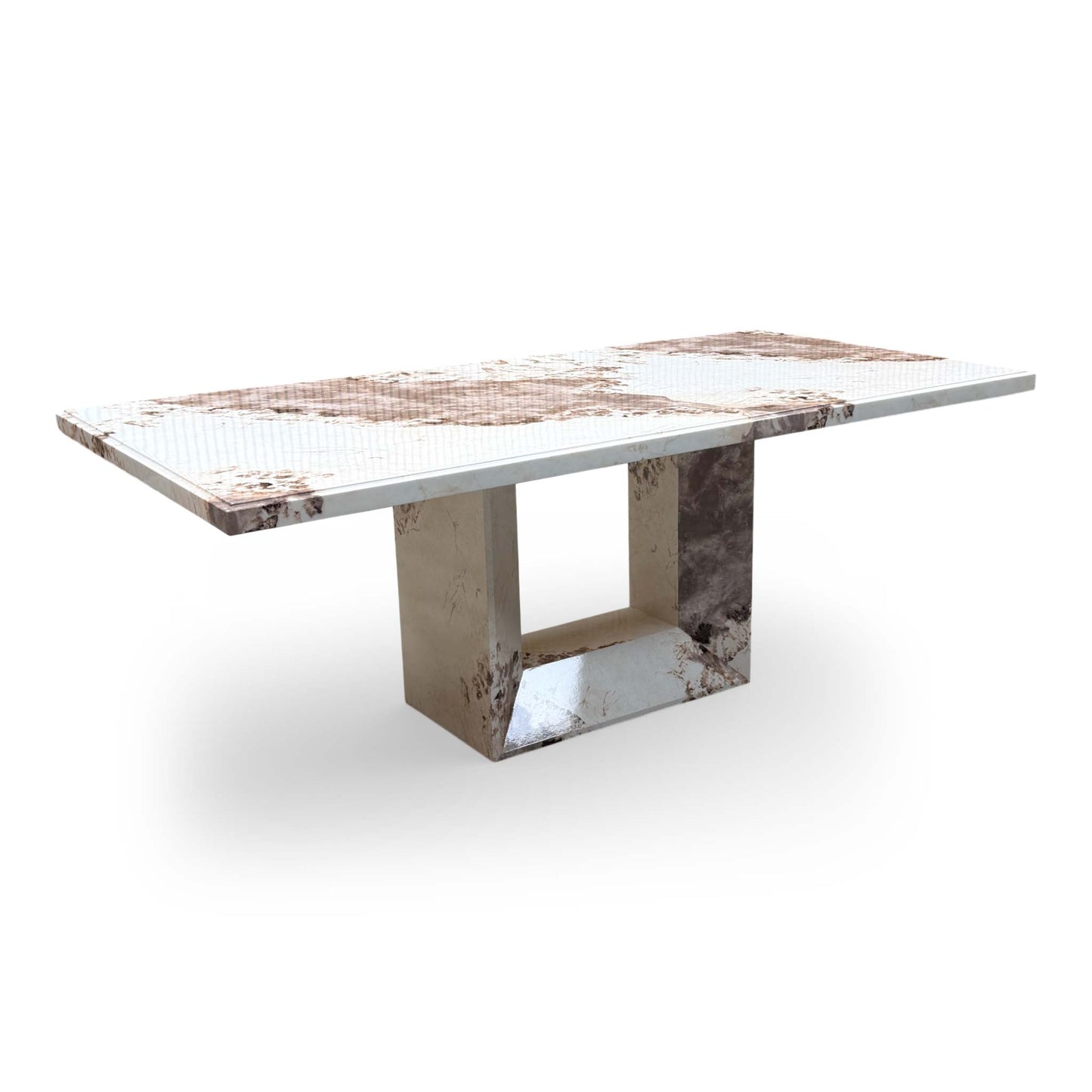 Full view of the 'Artemis' 200cm fixed dining table featuring a stunning mottled mocha real marble top and a solid rectangular base.