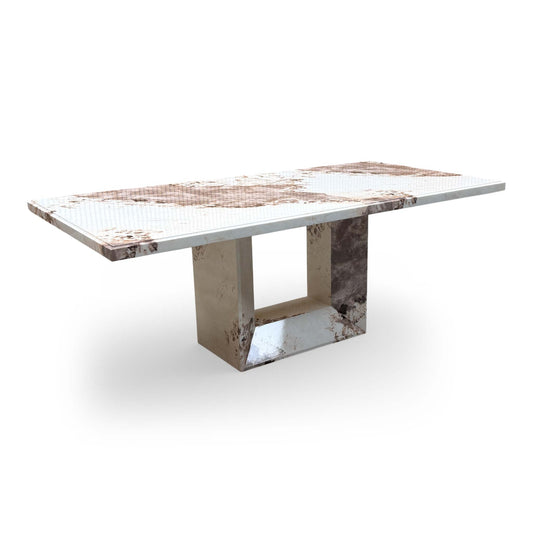 Full view of the 'Artemis' 200cm fixed dining table featuring a stunning mottled mocha real marble top and a solid rectangular base.