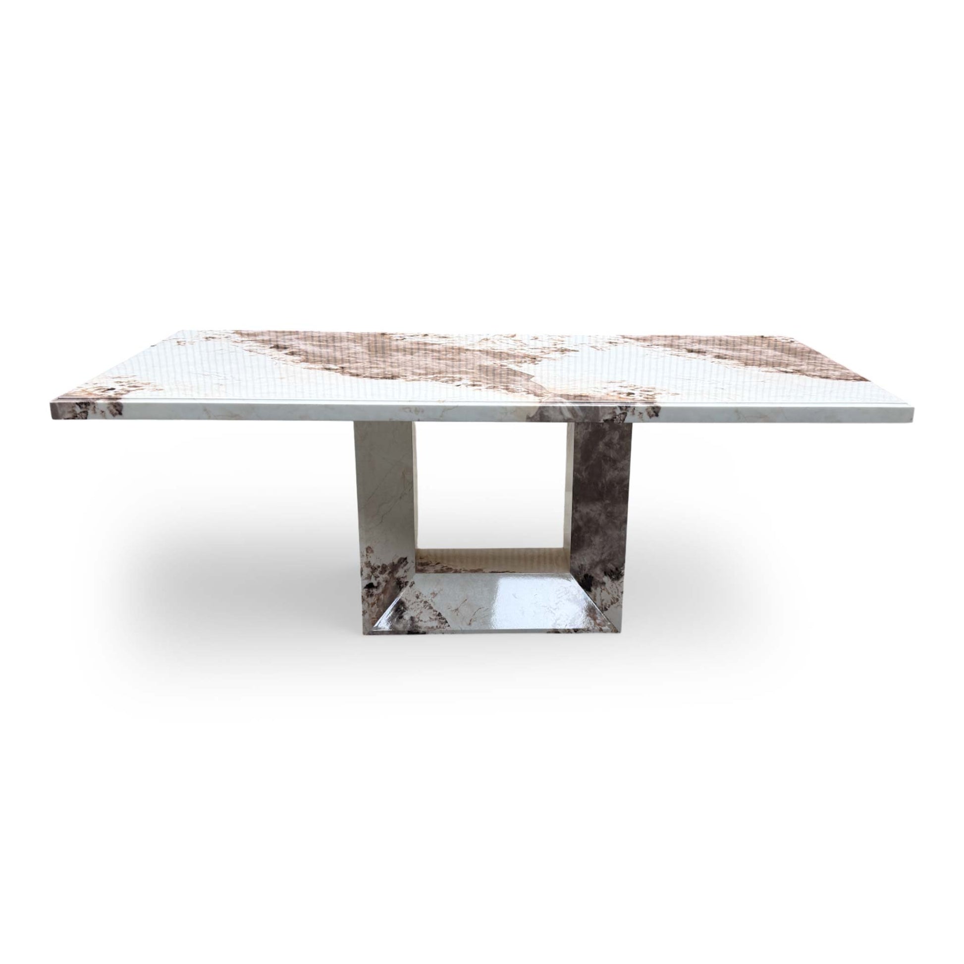 Front view of the mottled mocha marble surface, showcasing the unique organic patterns and rich brown tones of the natural stone.