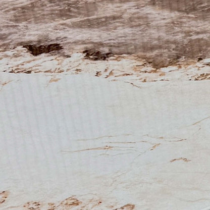 Close-up of a corner of the polished mocha marble tabletop, illustrating the smooth finish and premium quality of the real stone.