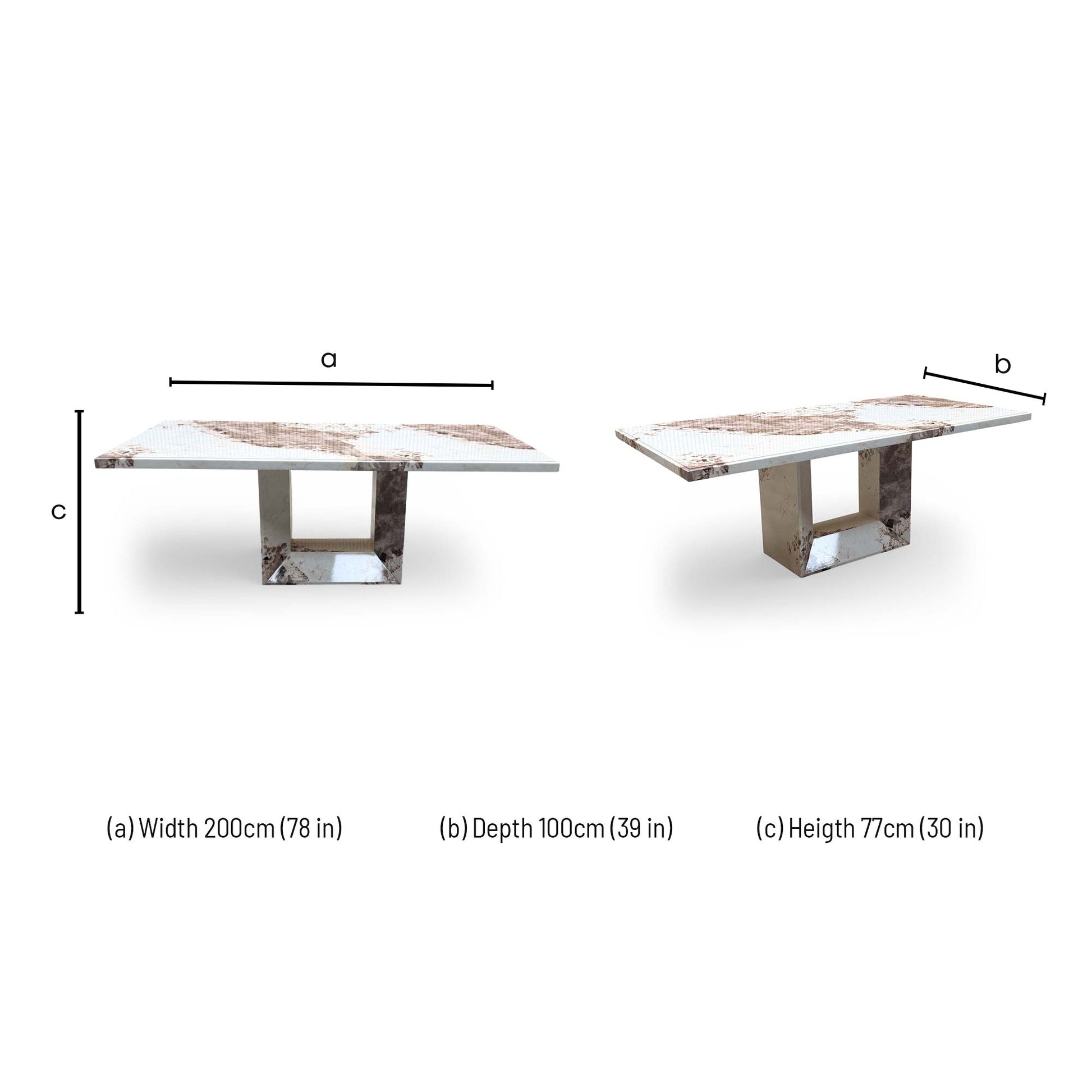 Dimensions for the ‘Artemis’ Mottled Mocha Real Marble 200cm Fixed Dining Table.