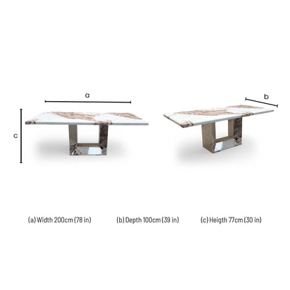 Dimensions for the ‘Artemis’ Mottled Mocha Real Marble 200cm Fixed Dining Table.