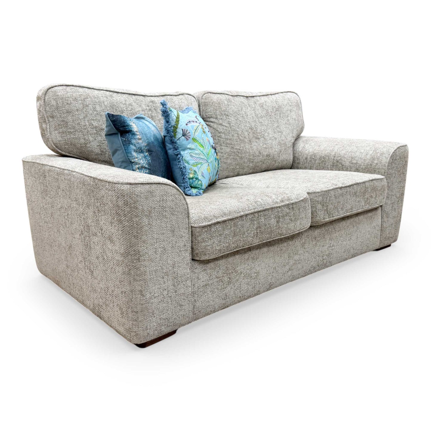 Side profile of the Emilia silver fabric sofa bed, emphasizing its space-saving design for compact rooms.