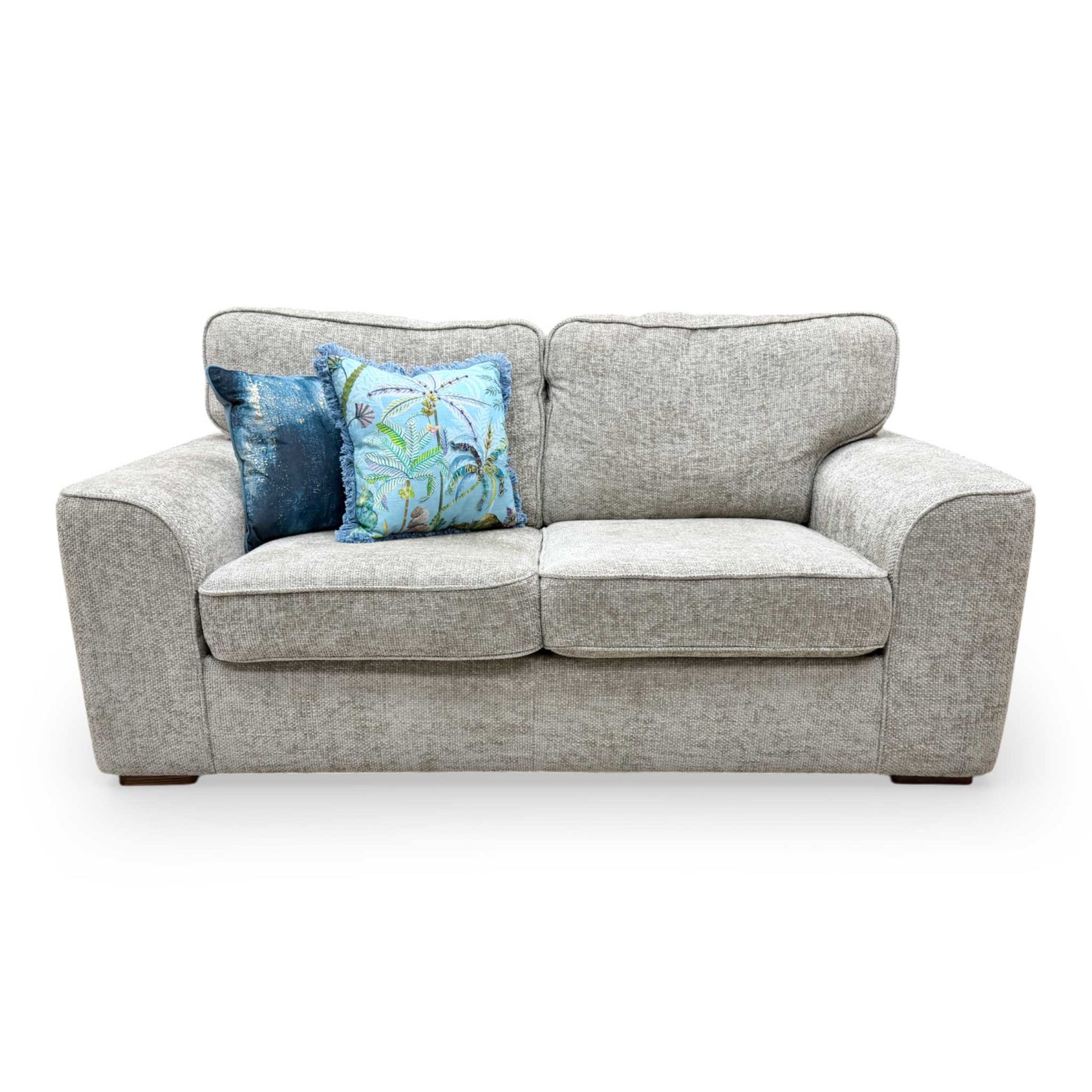 Front view of the 'Emilia' 2-seater sofa bed in silver fabric, featuring a clean, contemporary design with tapered wooden legs.