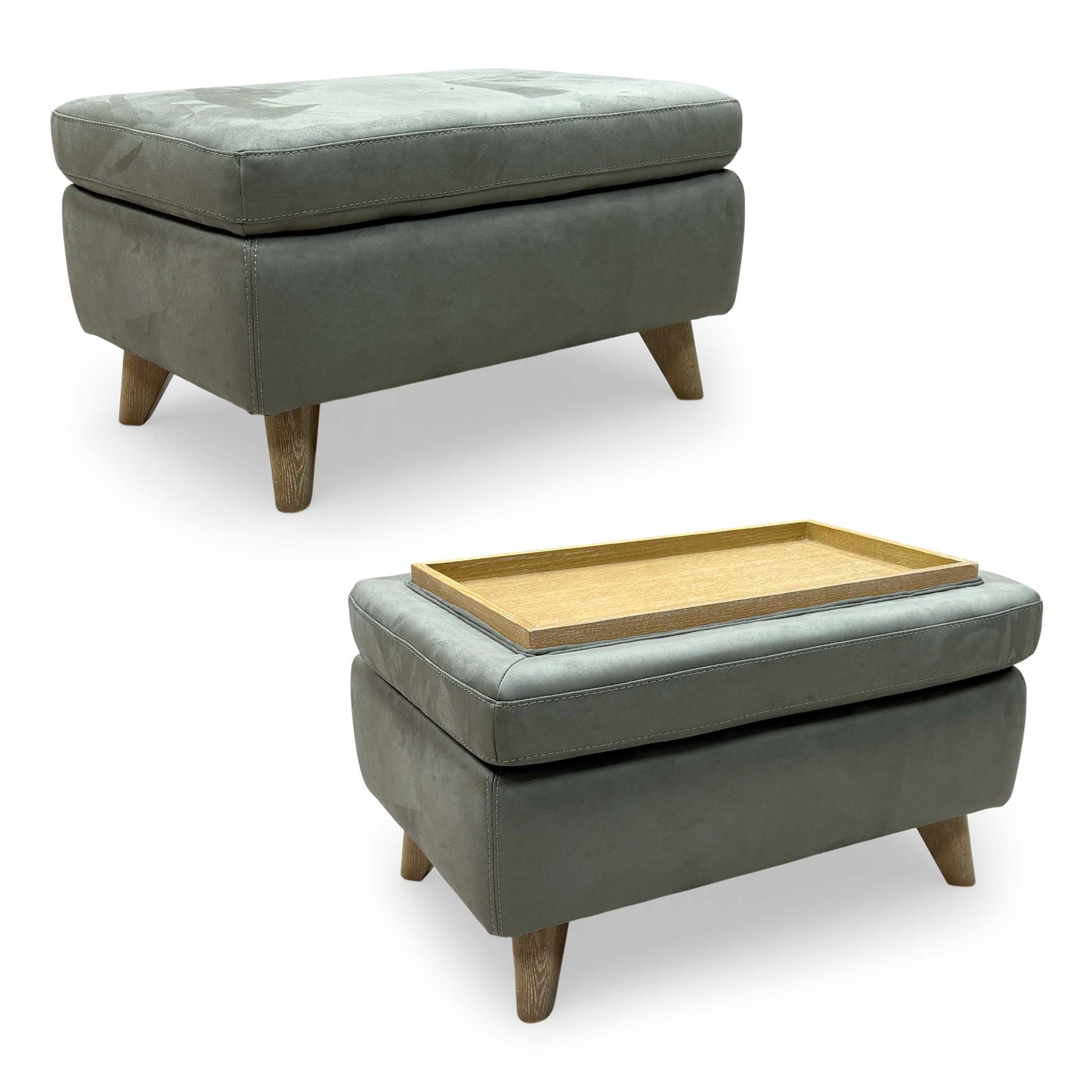 Full view of Malmo Scandi-inspired rectangular storage footstool in Olive Green fabric with a wooden tray top.