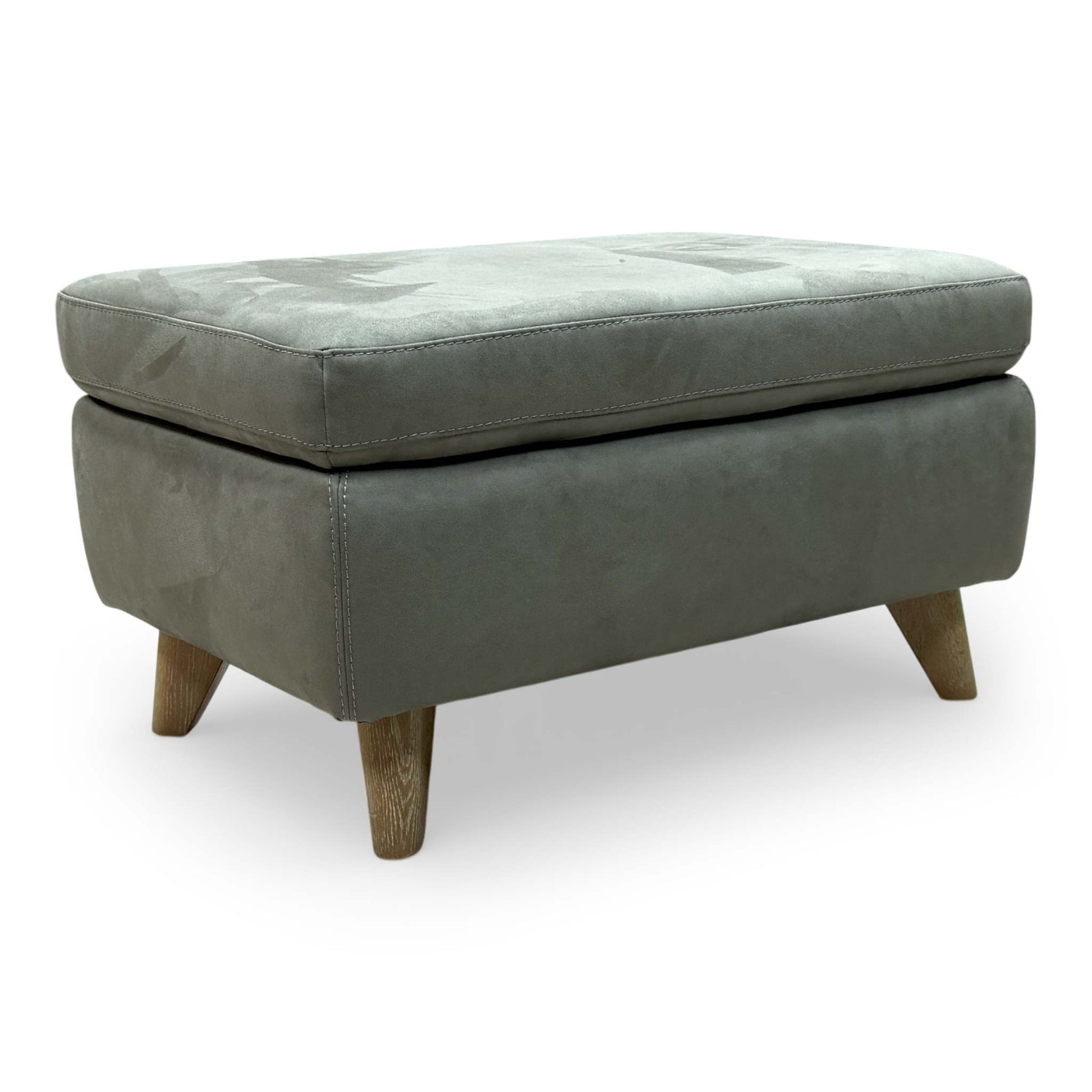 Side view of the Malmo footstool, emphasizing the depth of the Olive green upholstery and tailored piping detail.