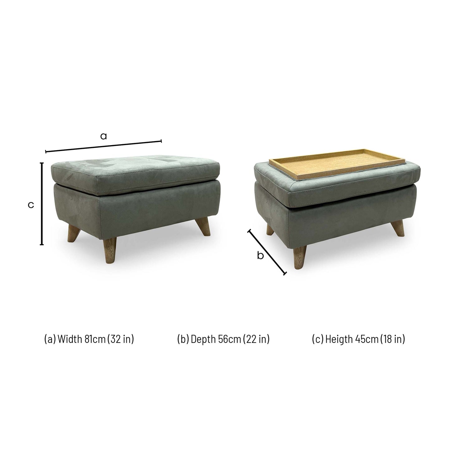Dimension diagram for the Malmo Olive storage footstool.