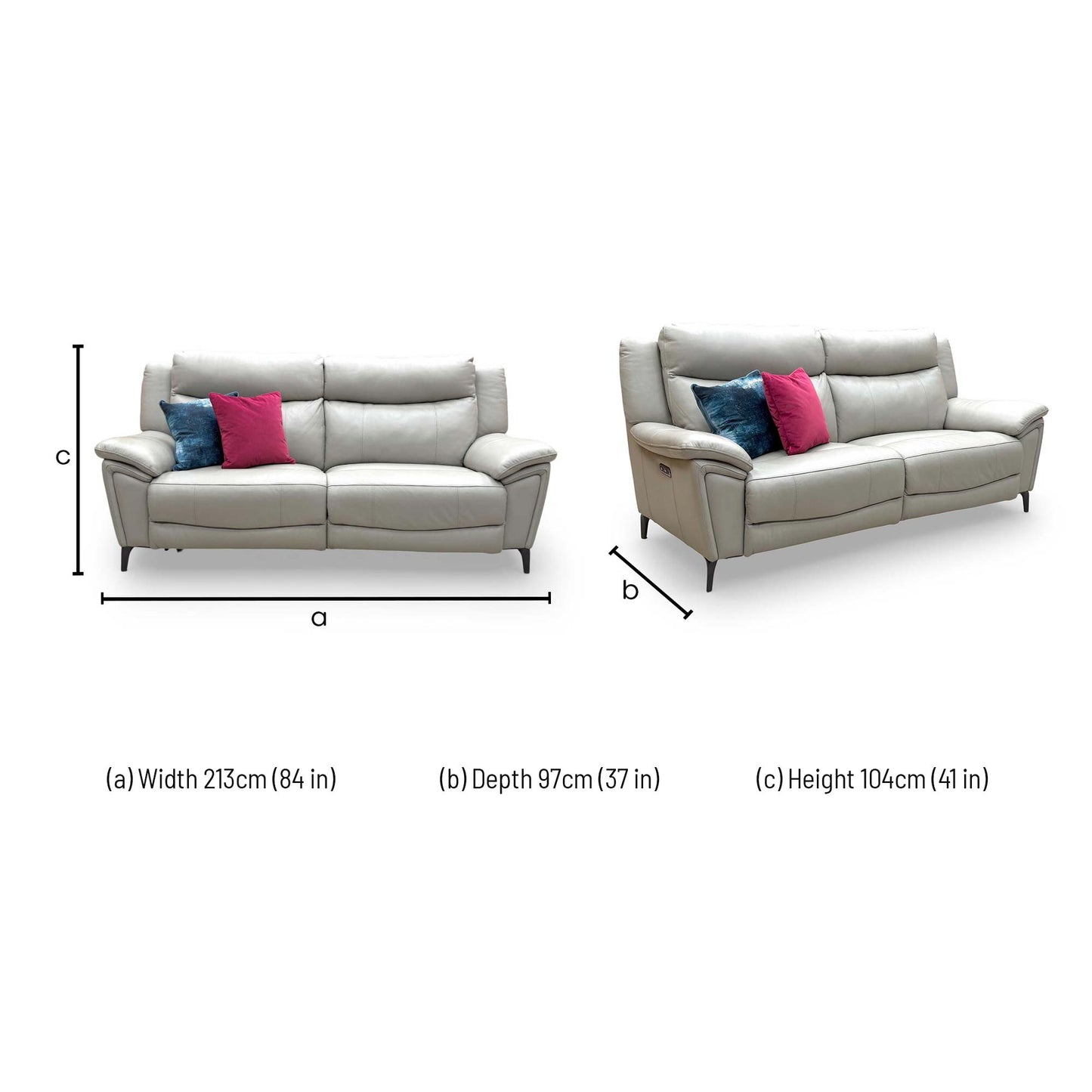 Dimensions diagram for the Furniture Village 'Panache' Lead Grey Leather 3-Seater Power Recliner Sofa.