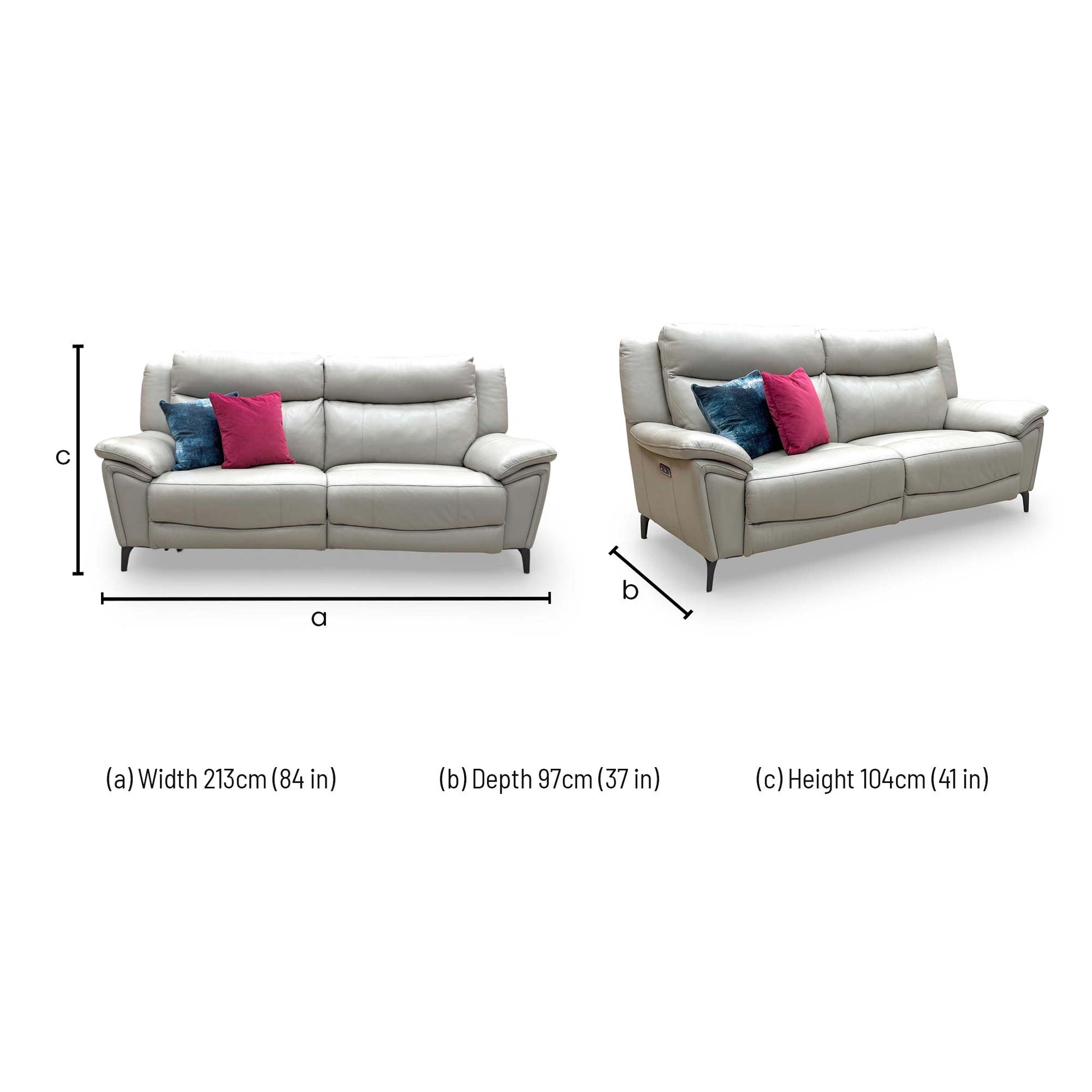 Dimensions diagram for the Furniture Village 'Panache' Lead Grey Leather 3-Seater Power Recliner Sofa.