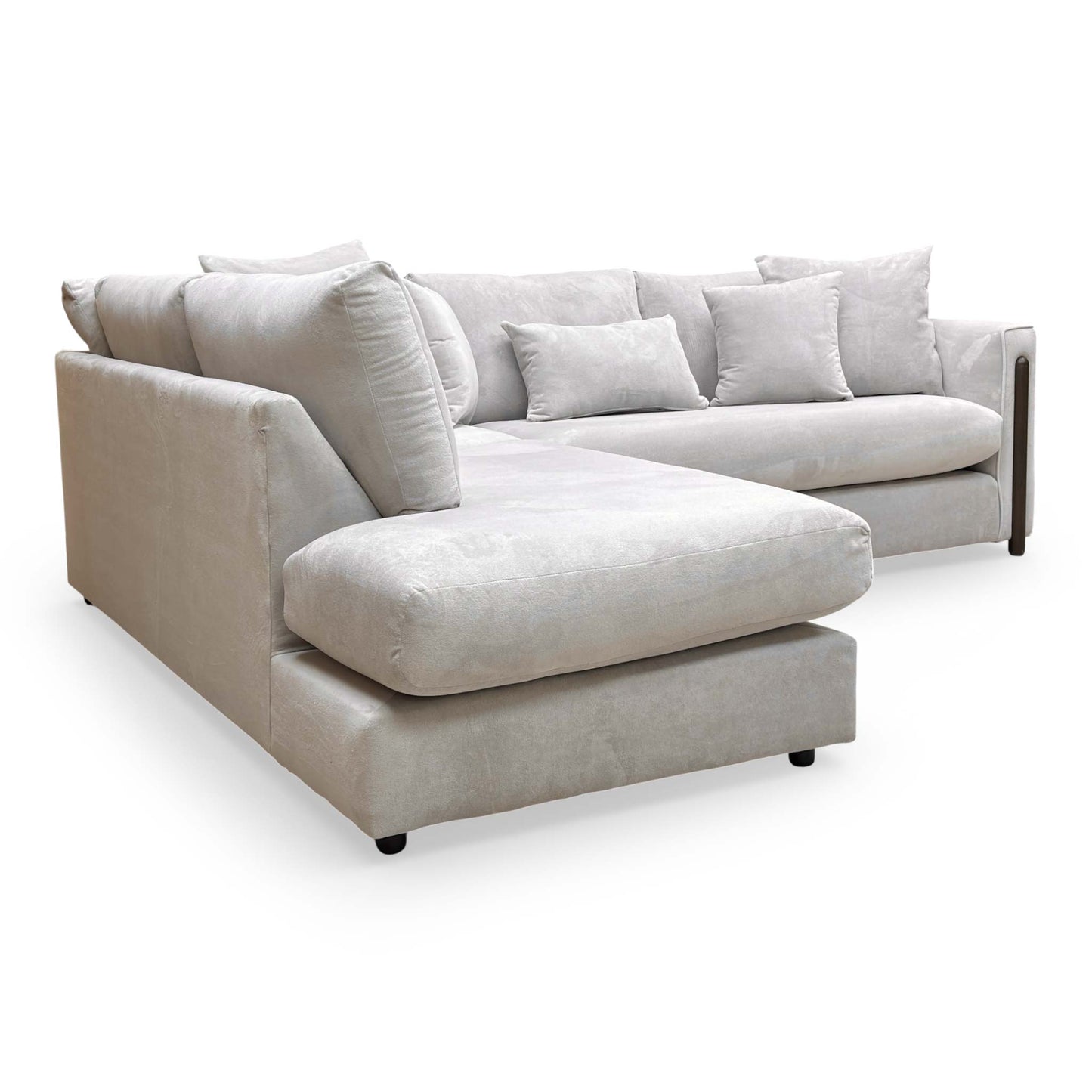 Full front-facing view of the Barney sofa, illustrating the generous seating capacity and modern open-end design.