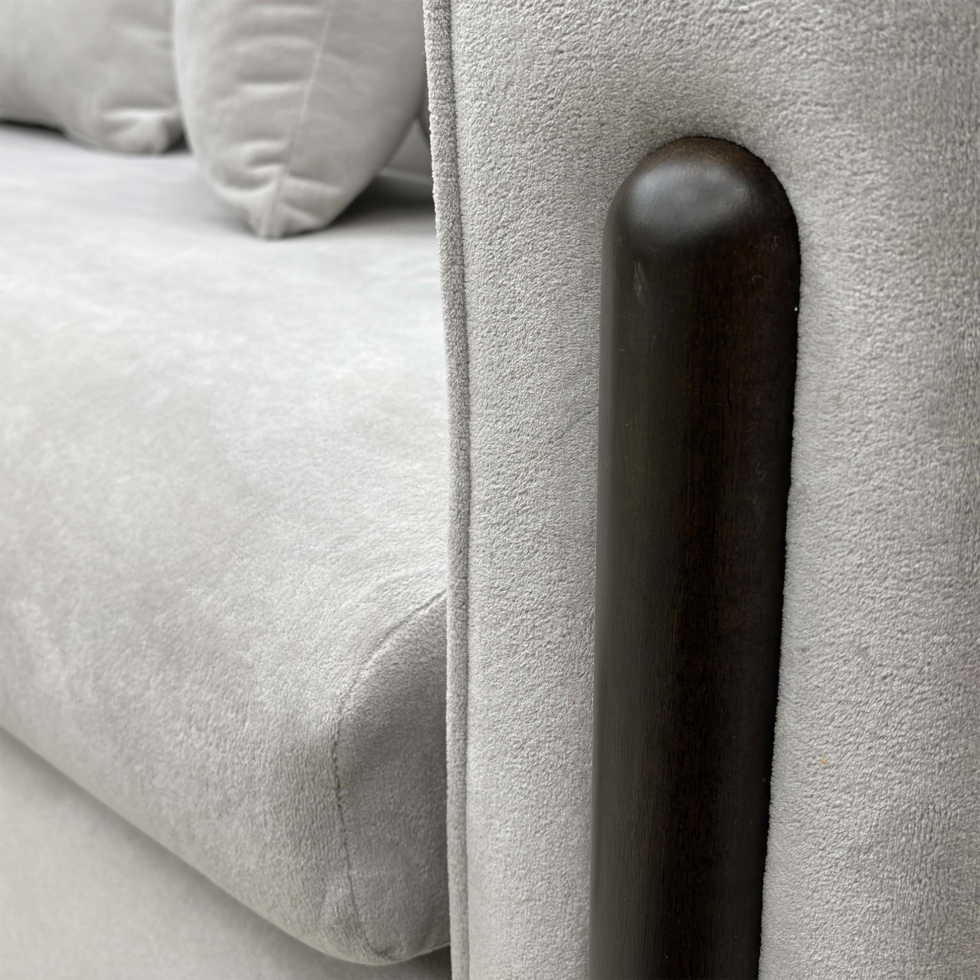 Close-up texture of the silver towel velvet fabric, emphasizing the soft-touch feel and elegant neutral tone.