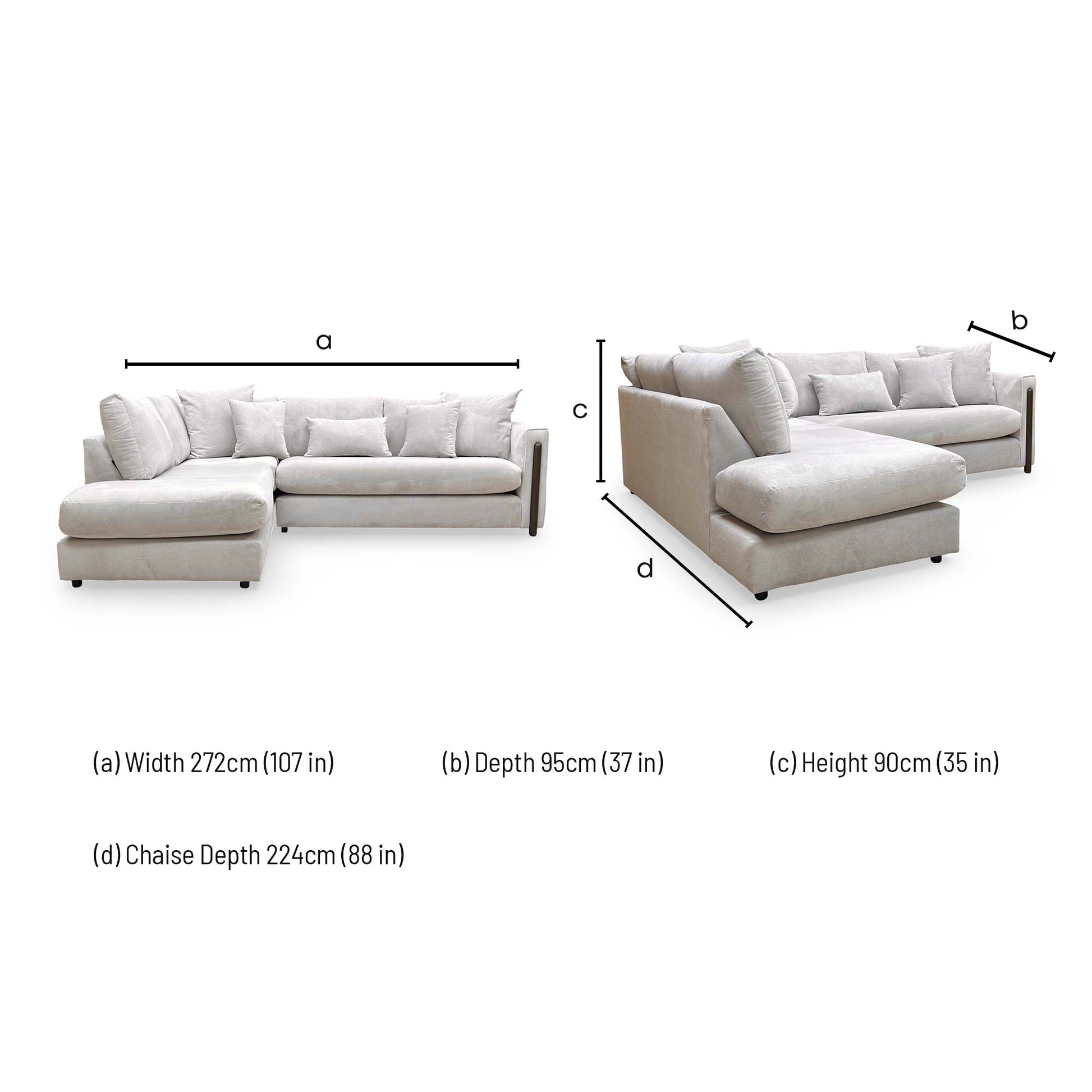 Dimensions for the Thornbrook ‘Barney’ Silver Towel Velvet Left Hand Facing Open End Chaise Corner Sofa.