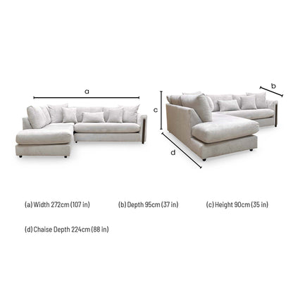Dimensions for the Thornbrook ‘Barney’ Silver Towel Velvet Left Hand Facing Open End Chaise Corner Sofa.