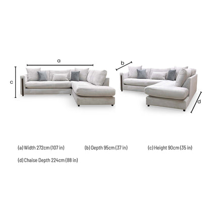 Dimensions for the Thornbrook ‘Barney’ Silver Towel Velvet Right Hand Facing Chaise Corner Sofa.
