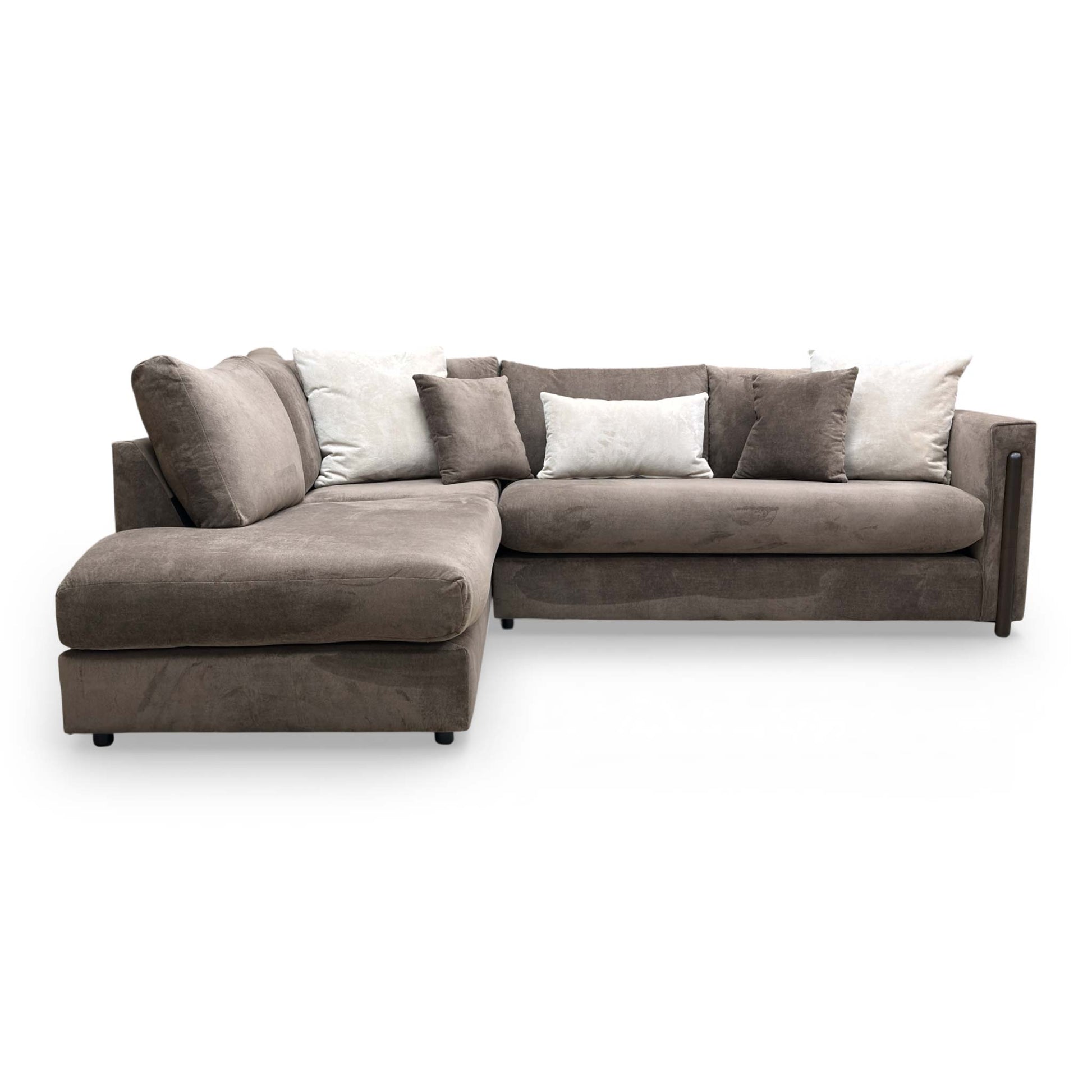 Front shot of the Barney corner sofa, showing the sturdy support feet and the overall build quality of the unit