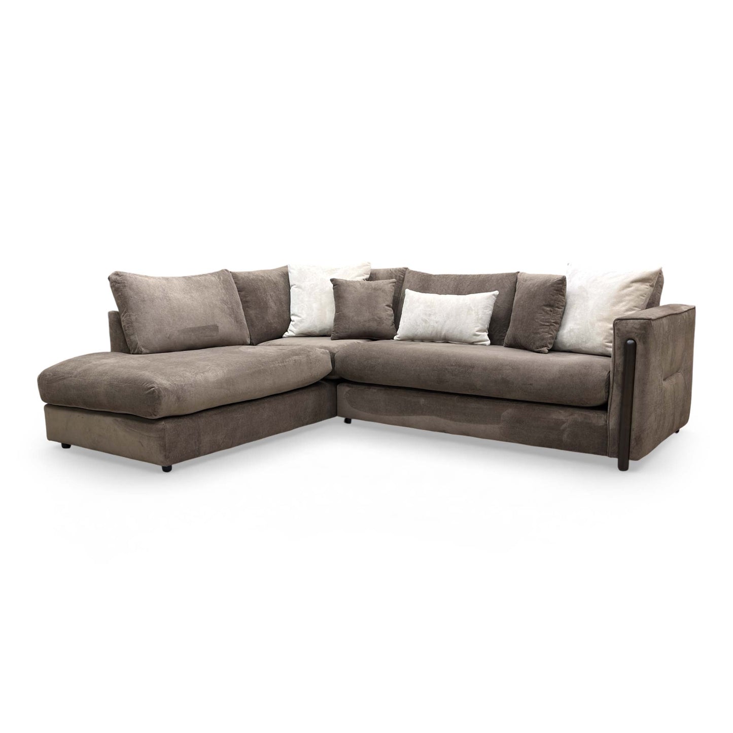 Front view of the ‘Barney’ left-hand facing open-end chaise corner sofa in espresso brown towel velvet, featuring structured formal back cushions.