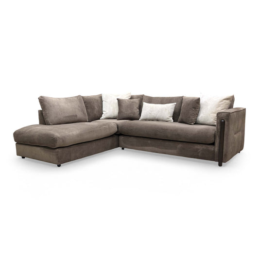 Front view of the ‘Barney’ left-hand facing open-end chaise corner sofa in espresso brown towel velvet, featuring structured formal back cushions.