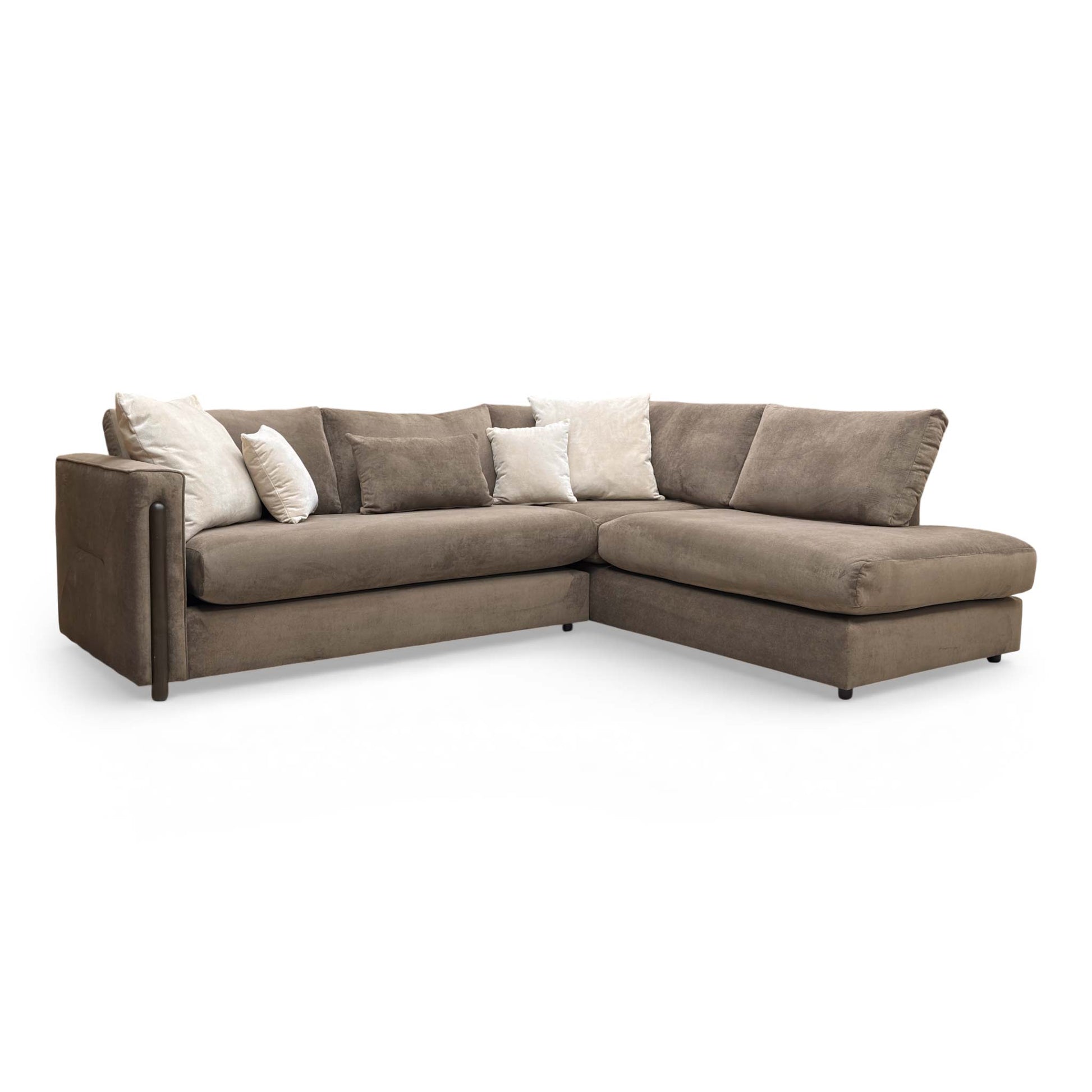 Full view of the ‘Barney’ right-hand facing open-end chaise corner sofa in espresso brown towel velvet, featuring a formal back design.