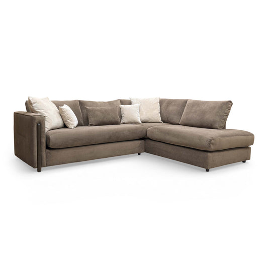 Full view of the ‘Barney’ right-hand facing open-end chaise corner sofa in espresso brown towel velvet, featuring a formal back design.