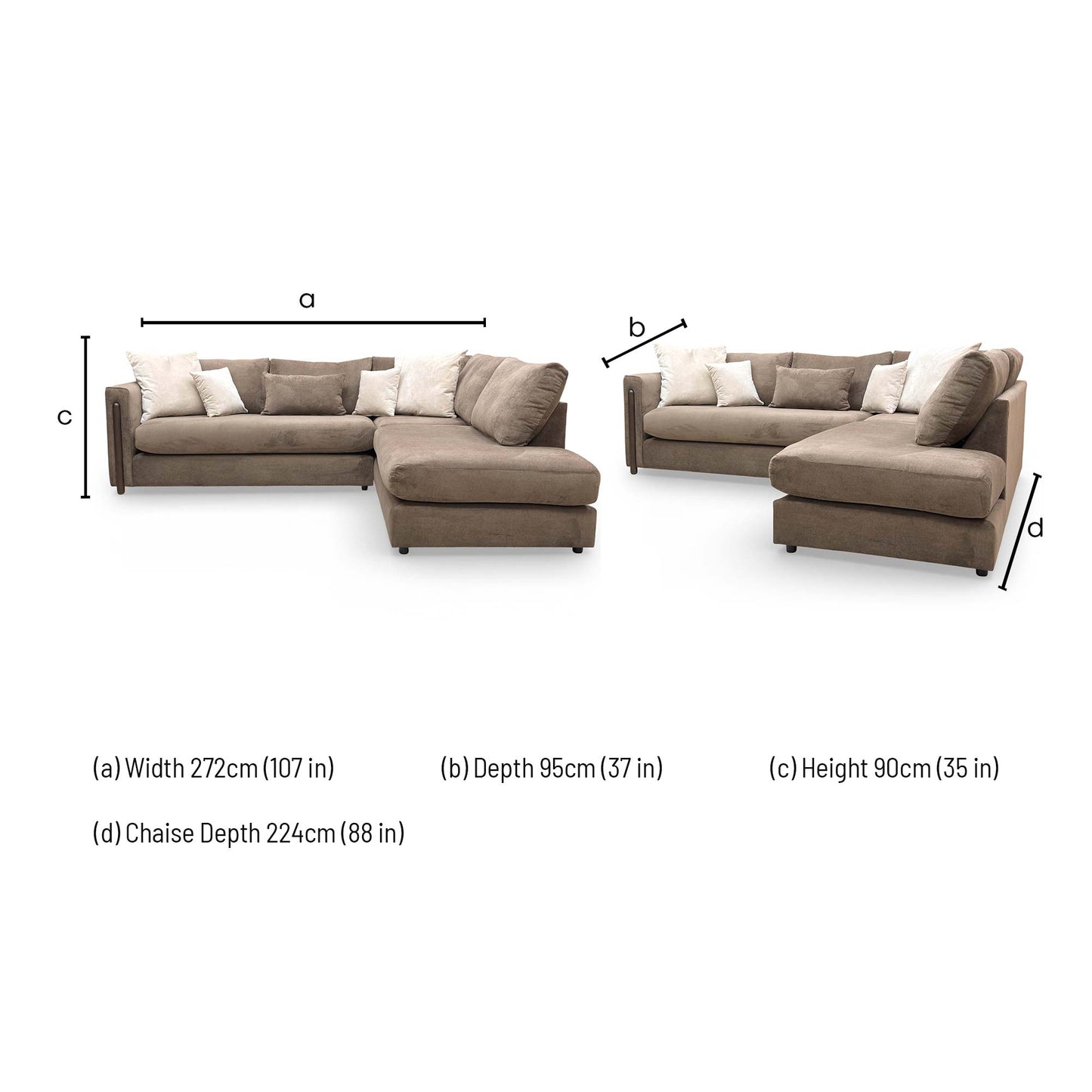 Dimensions for the ‘Barney’ Espresso Brown Towel Velvet Right Hand Facing Chaise Corner Sofa.