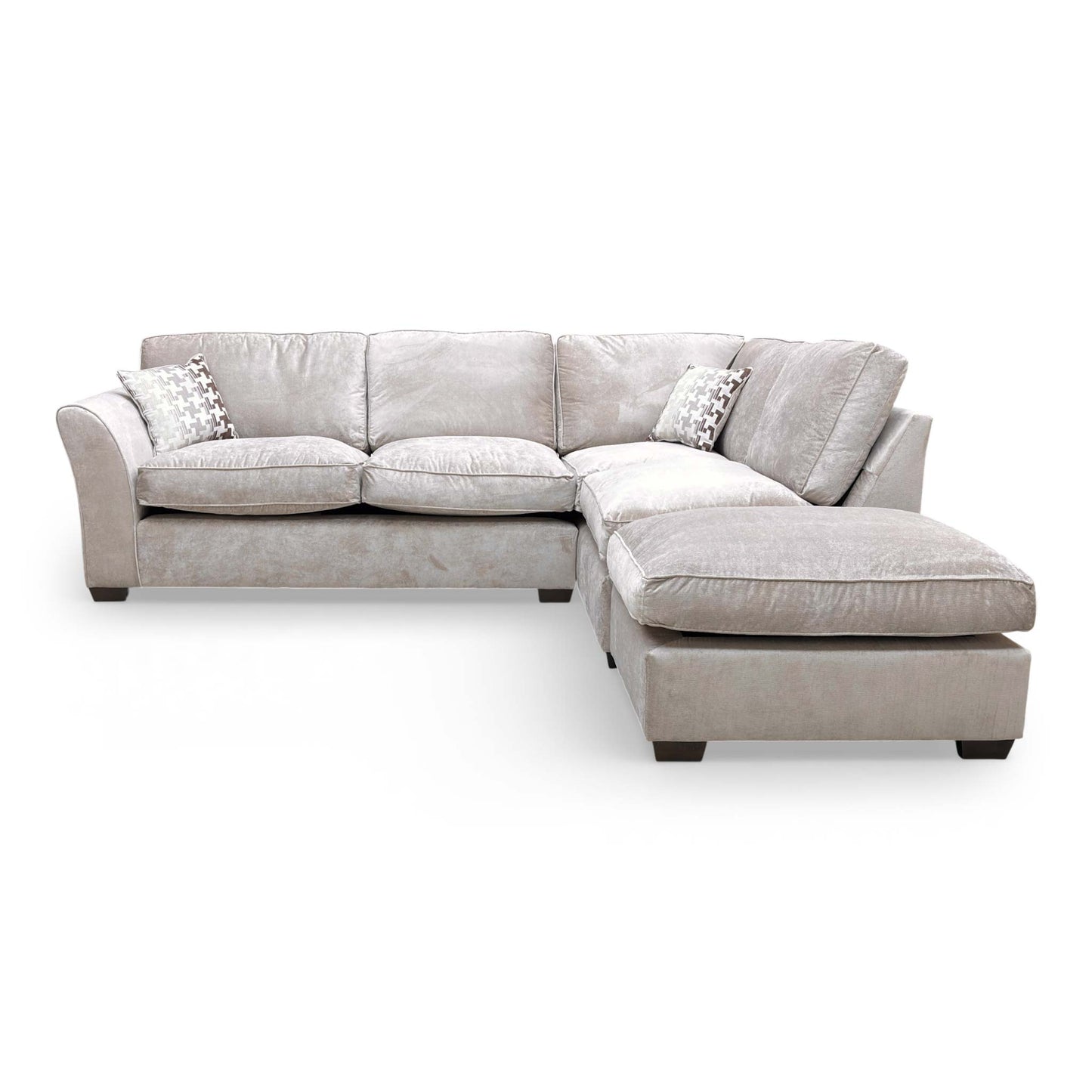 Full frontal view of the Rosie chaise corner sofa, emphasizing the modern open-end design and elegant mink upholstery.