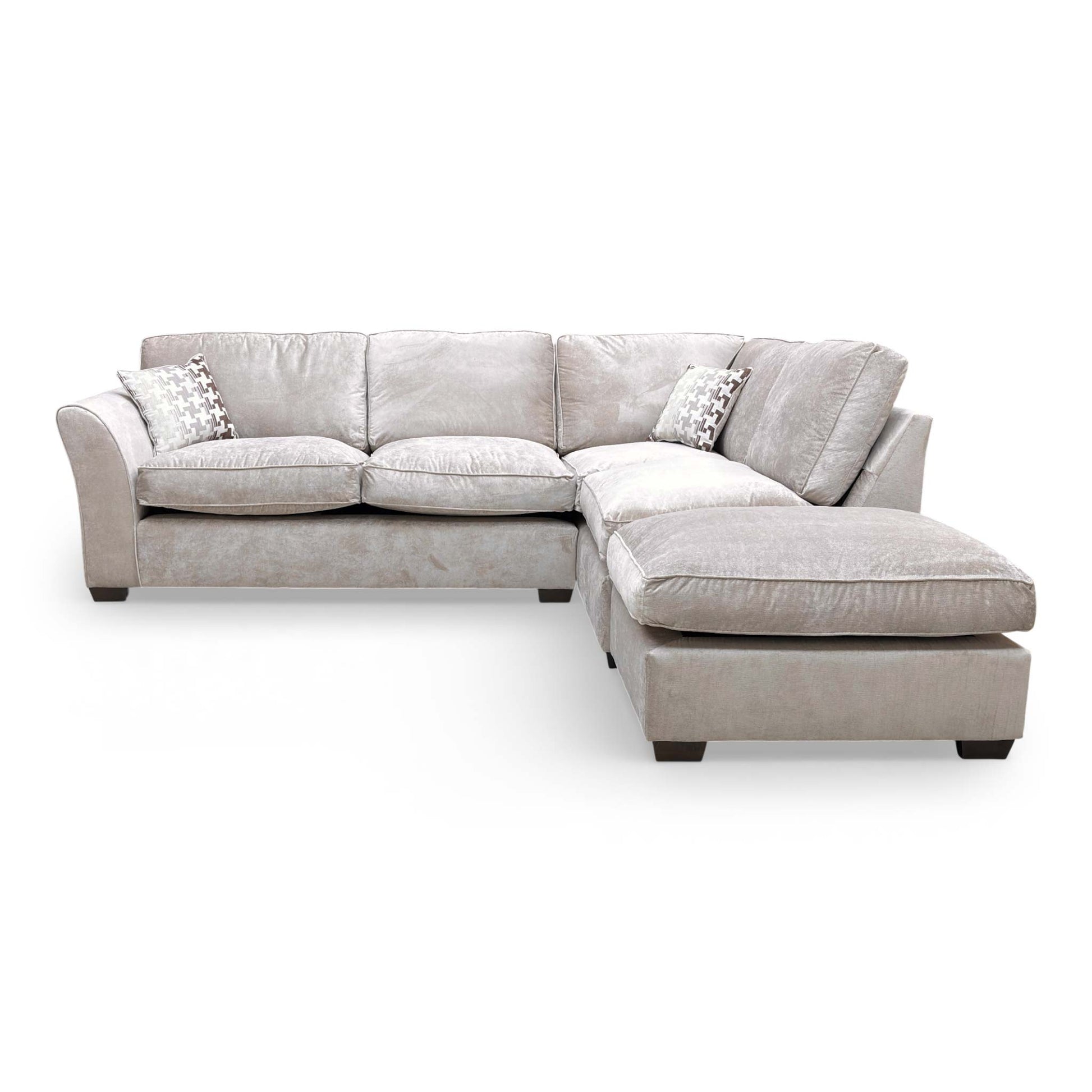 Full frontal view of the Rosie chaise corner sofa, emphasizing the modern open-end design and elegant mink upholstery.