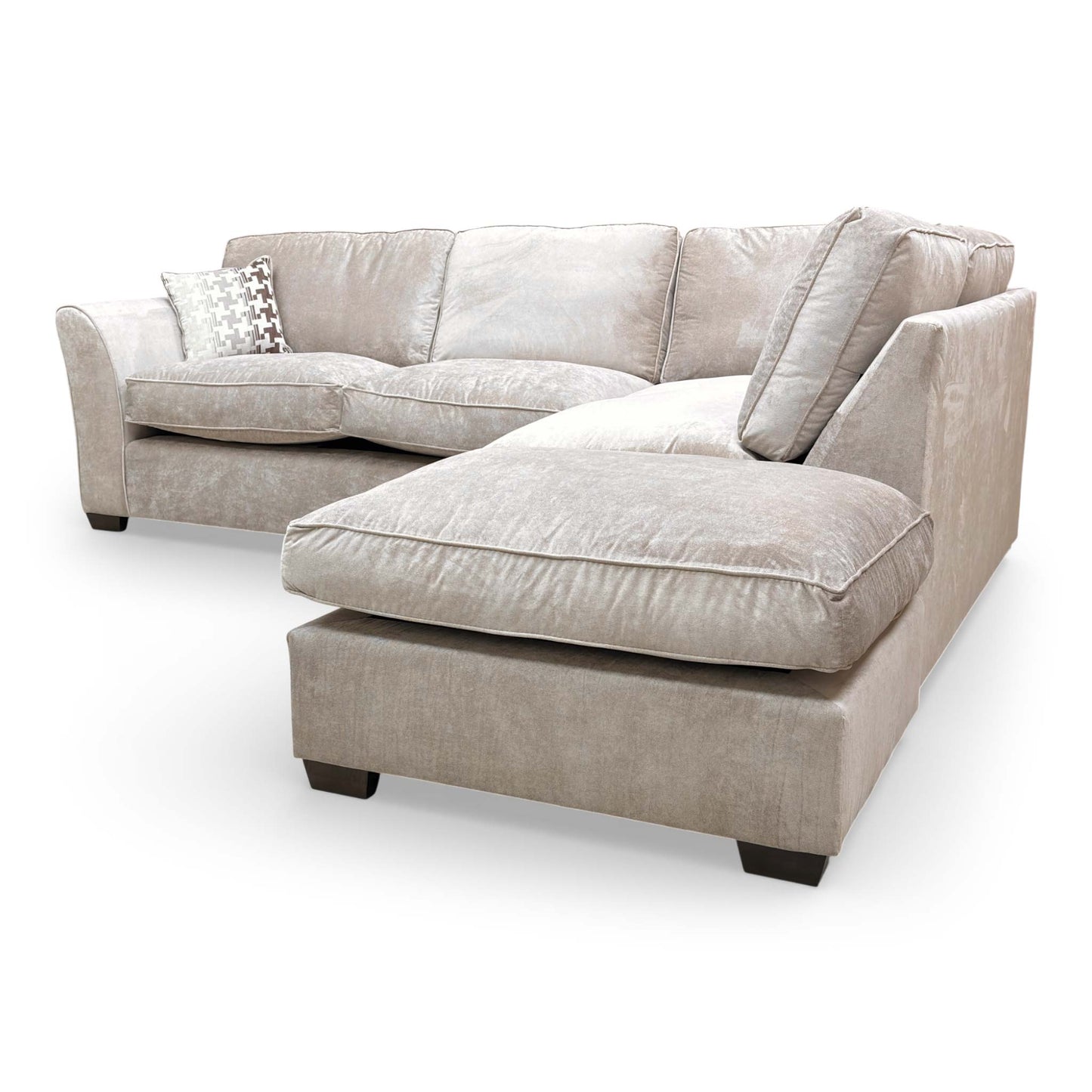 Angled view of the Rosie corner sofa, focusing on the sleek proportions and the right-hand facing chaise configuration.