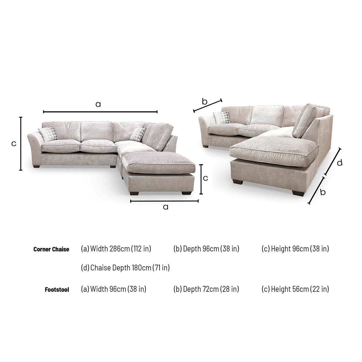 Dimensions for the ‘Rosie’ Kingston Mink Fabric Right Hand Facing Open End Chaise Corner Sofa.