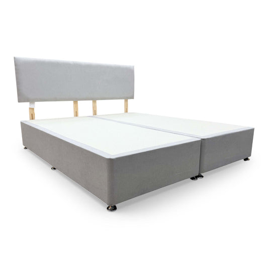 Full view of the highgrove ‘Roma’ super king-size bed set featuring a vertical-stitched Venice Silver Velvet headboard and a matching upholstered divan base.