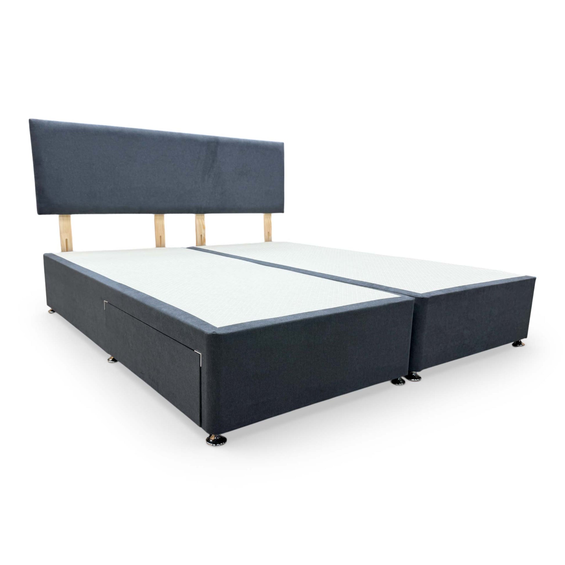 Side view of the showcasing the symmetrical vertical panel stitching on the Venice Carbon headboard