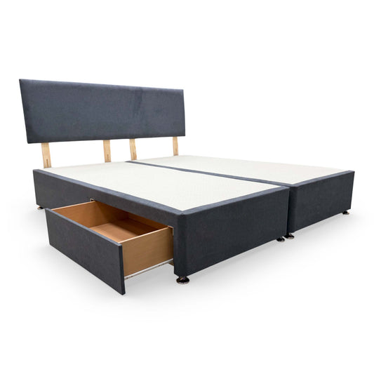 Full view of the highgrove ‘Roma’ super king-size bed set featuring a sophisticated Venice Carbon fabric headboard and a 2-drawer divan base.