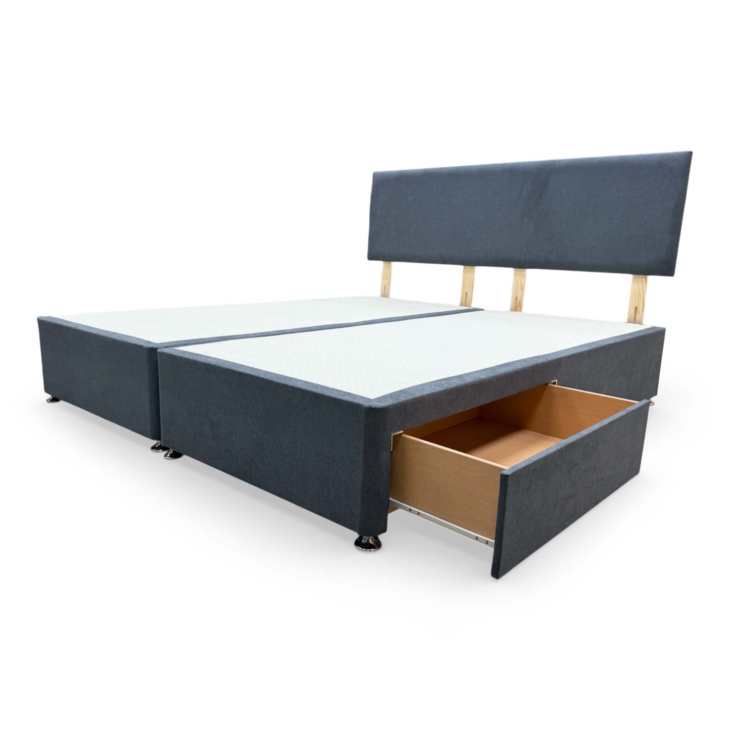 Side view of the bed base, highlighting the tailored Venice Carbon fabric and the clean connection point with the headboard.