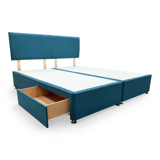 Full view of the highgrove ‘Bella’ super king-size bed set featuring a bold Venice New Teal fabric headboard and a 2-drawer divan base.