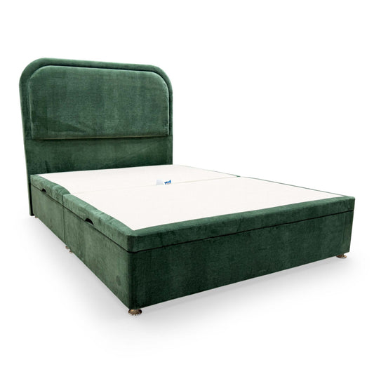 Full view of the Highgrove ‘Warwick’ King Size Bed featuring a floor-standing Aston Moss green fabric headboard and matching ottoman divan base.