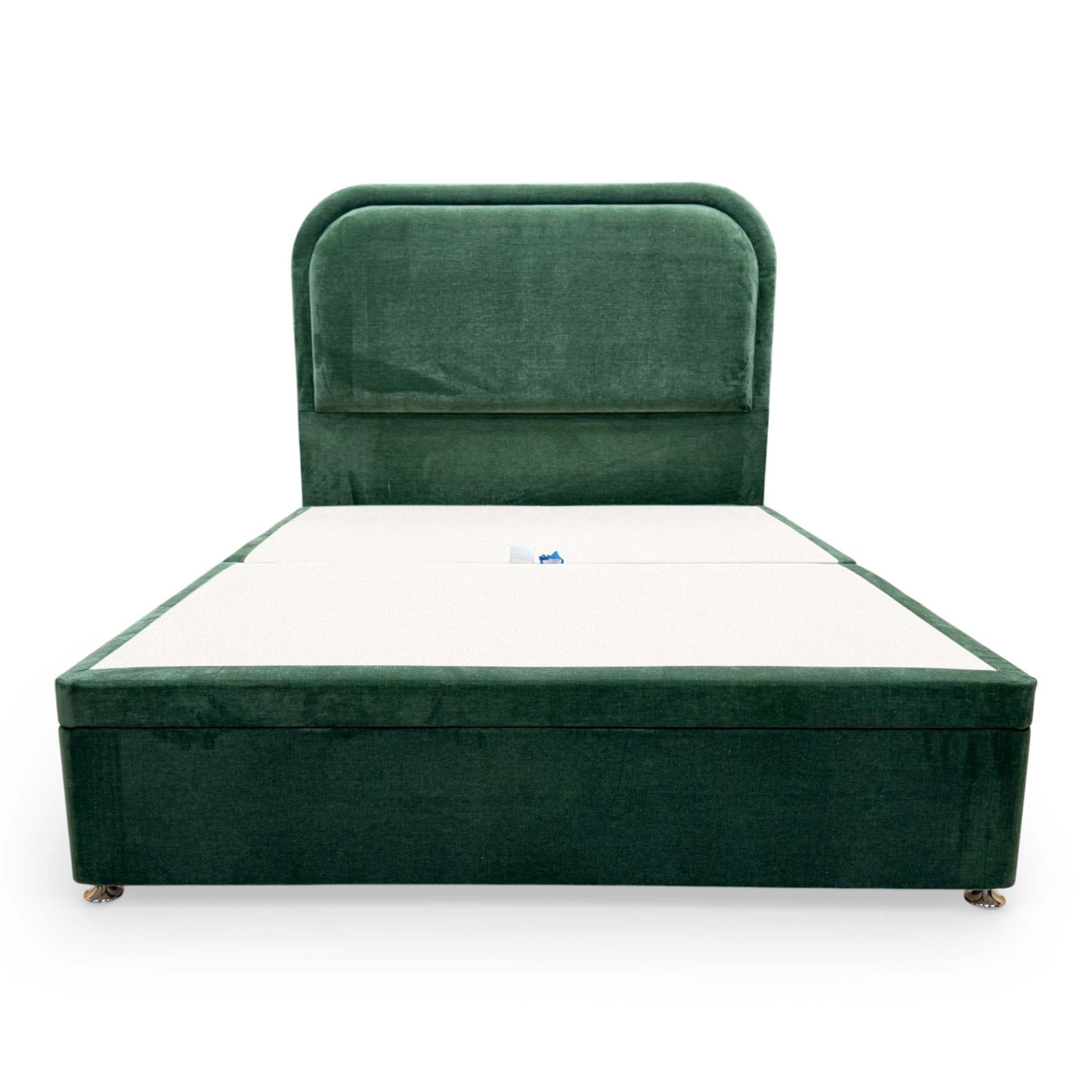 Front  View of the complete bed ensemble in a room setting, illustrating how the Aston Moss green fabric complements modern bedroom decor.
