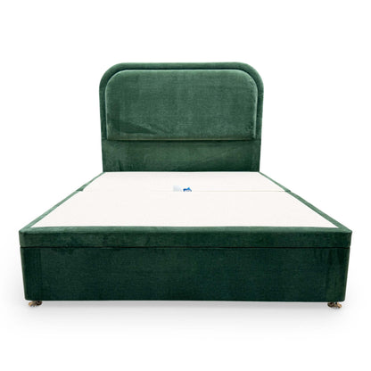 Front  View of the complete bed ensemble in a room setting, illustrating how the Aston Moss green fabric complements modern bedroom decor.